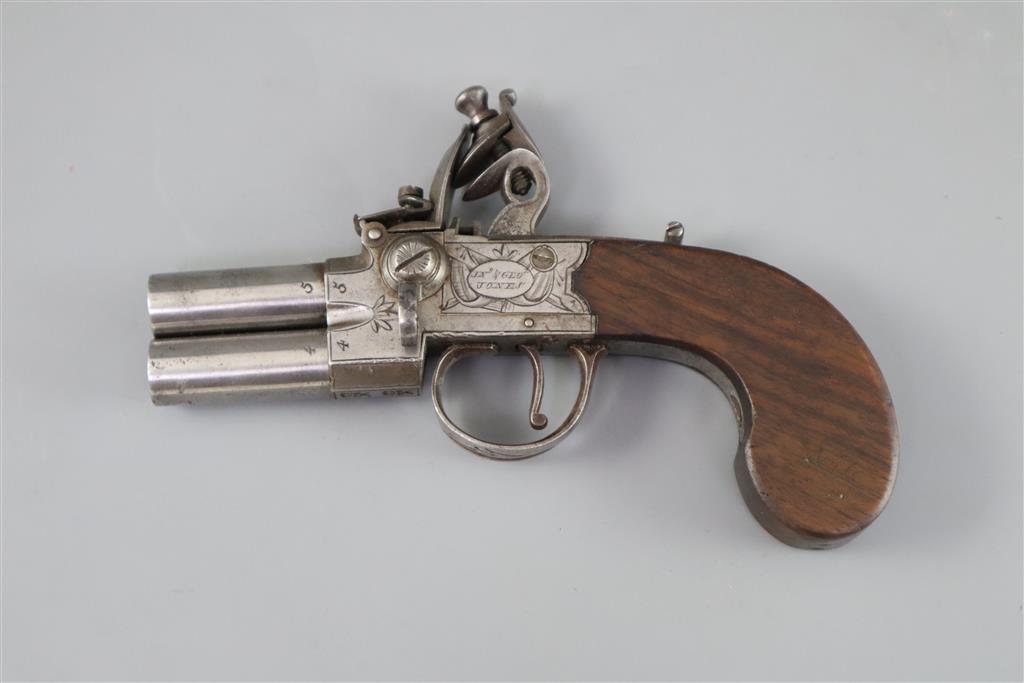 An early 19th century twin barrel flintlock pocket pistol, by Jn. & Geo. Jones of London, length 7.5in